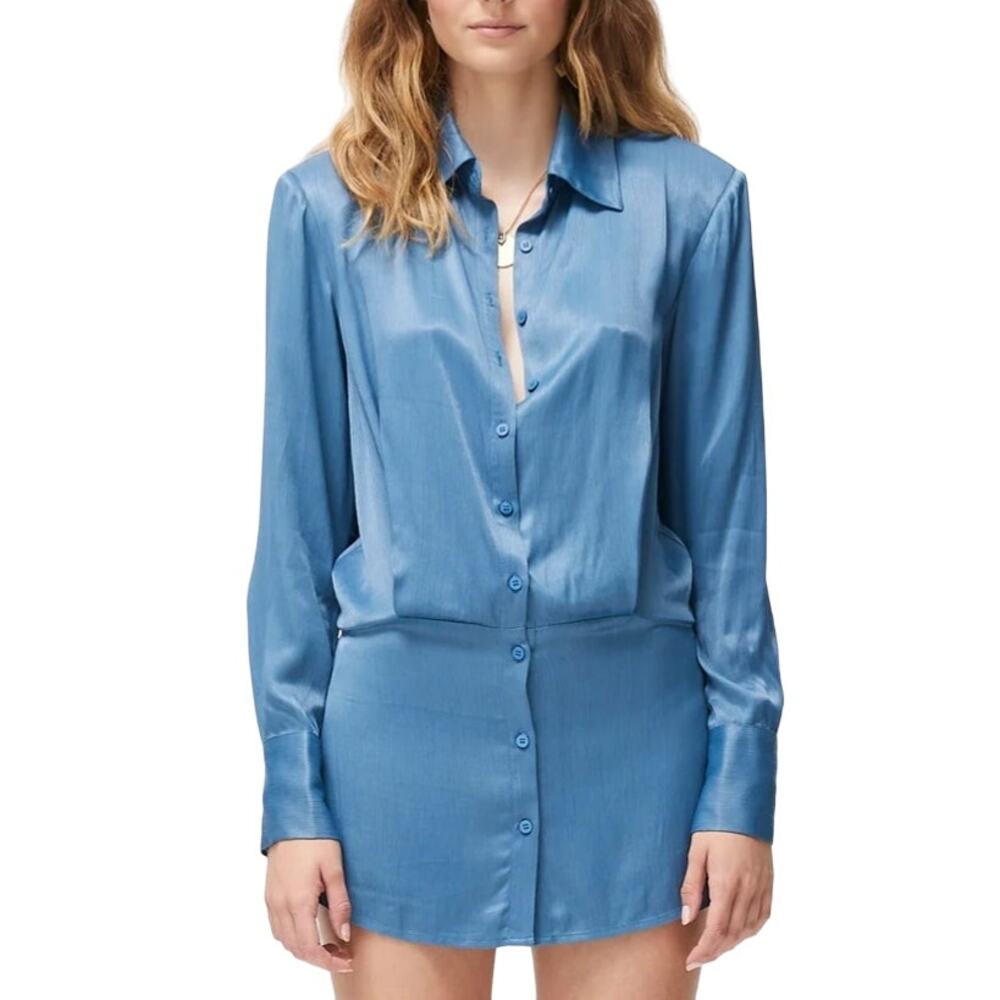 Atoir 2 Womens The Eira Shirt Dress Stargazer Blue Mini Long Sleeve Satin